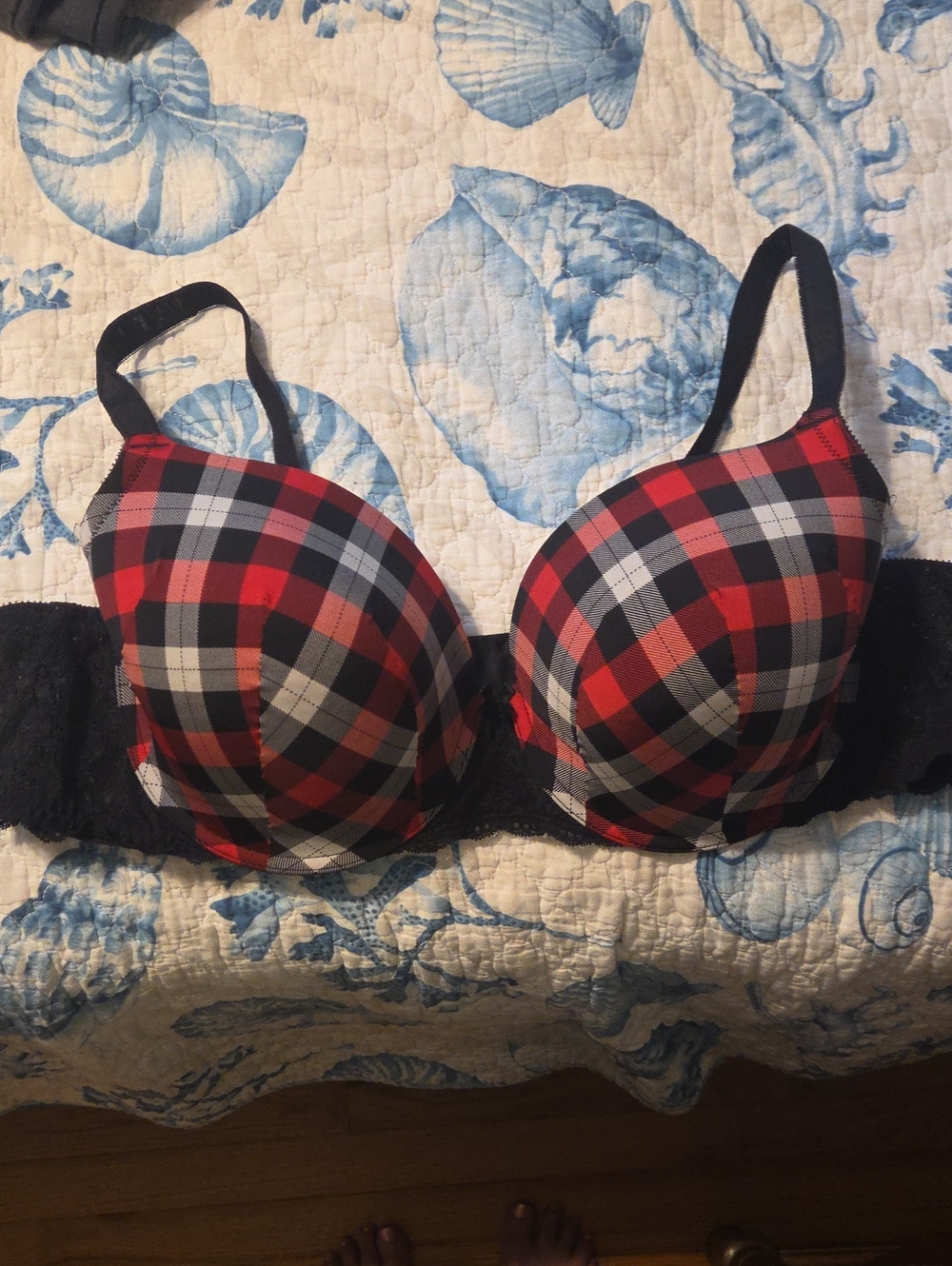Torrid Curve Plaid T-shirt Bra with Lace Band - Red & Black